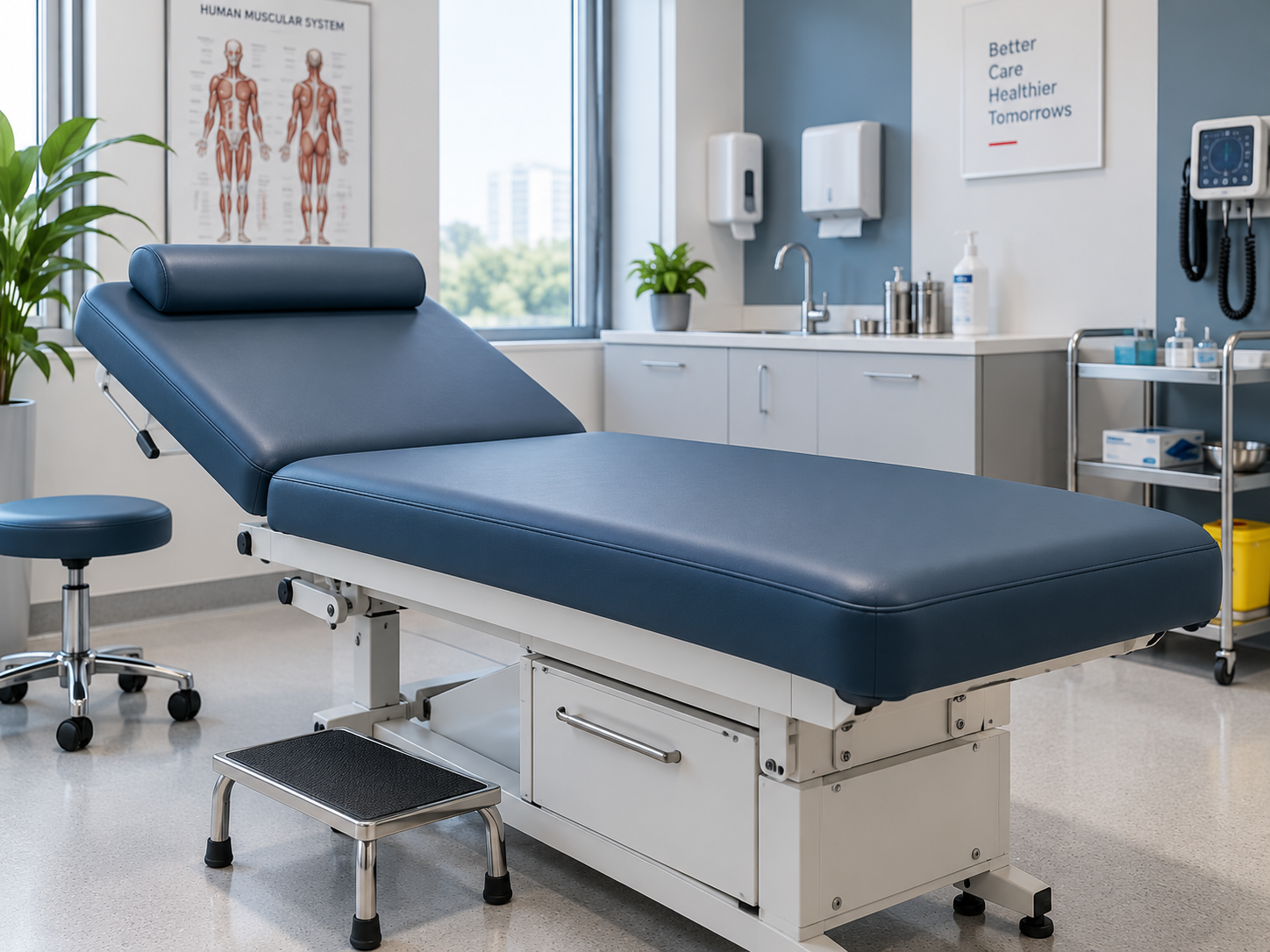Medical examination table upholstered with PVC and PU leather